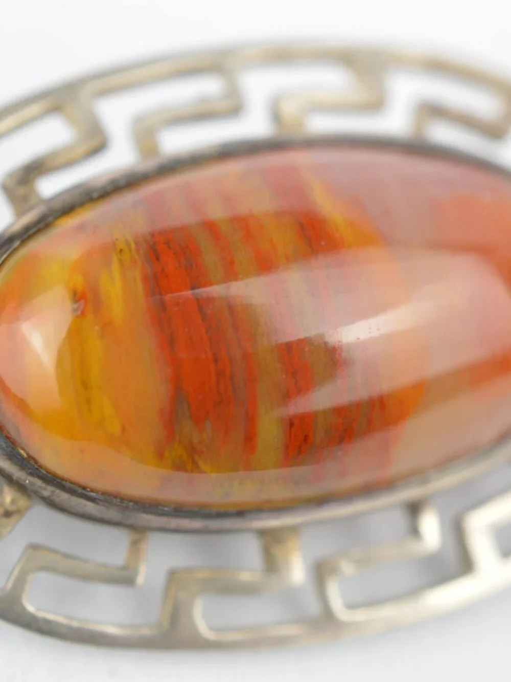 Vintage Art Deco Sterling Silver Red Jasper Agate Greek Key Fret Brooch Pin 4.2g